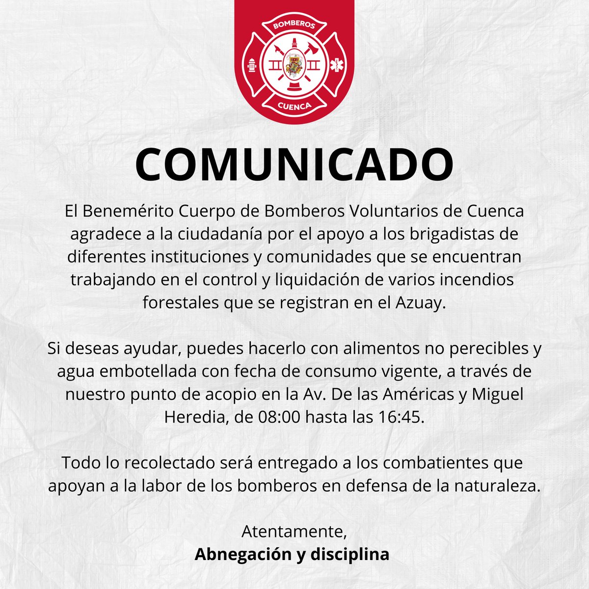 ¡𝗔𝘆ú𝗱𝗮𝗻𝗼𝘀 𝗮 𝗮𝘆𝘂𝗱𝗮𝗿! 

Todo lo recolectado será entregado a los combatientes que apoyan a la labor de los bomberos en defensa de la naturaleza.