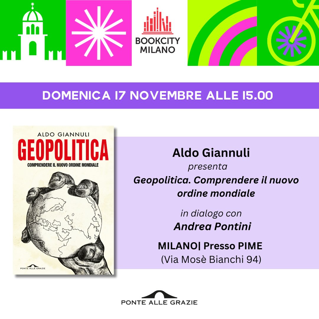 Care amiche e cari amici,
domenica 17 novembre alle ore 15 presenterò il mio nuovo libro "Geopolitica" in occasione del festival <a href="/BOOKCITYMILANO/">BookCity Milano</a>. L'evento si terrà presso Pime in Via Mosè Bianchi 94 a Milano.
Vi aspetto numerosi!
#geopolitica #bookcitymilano