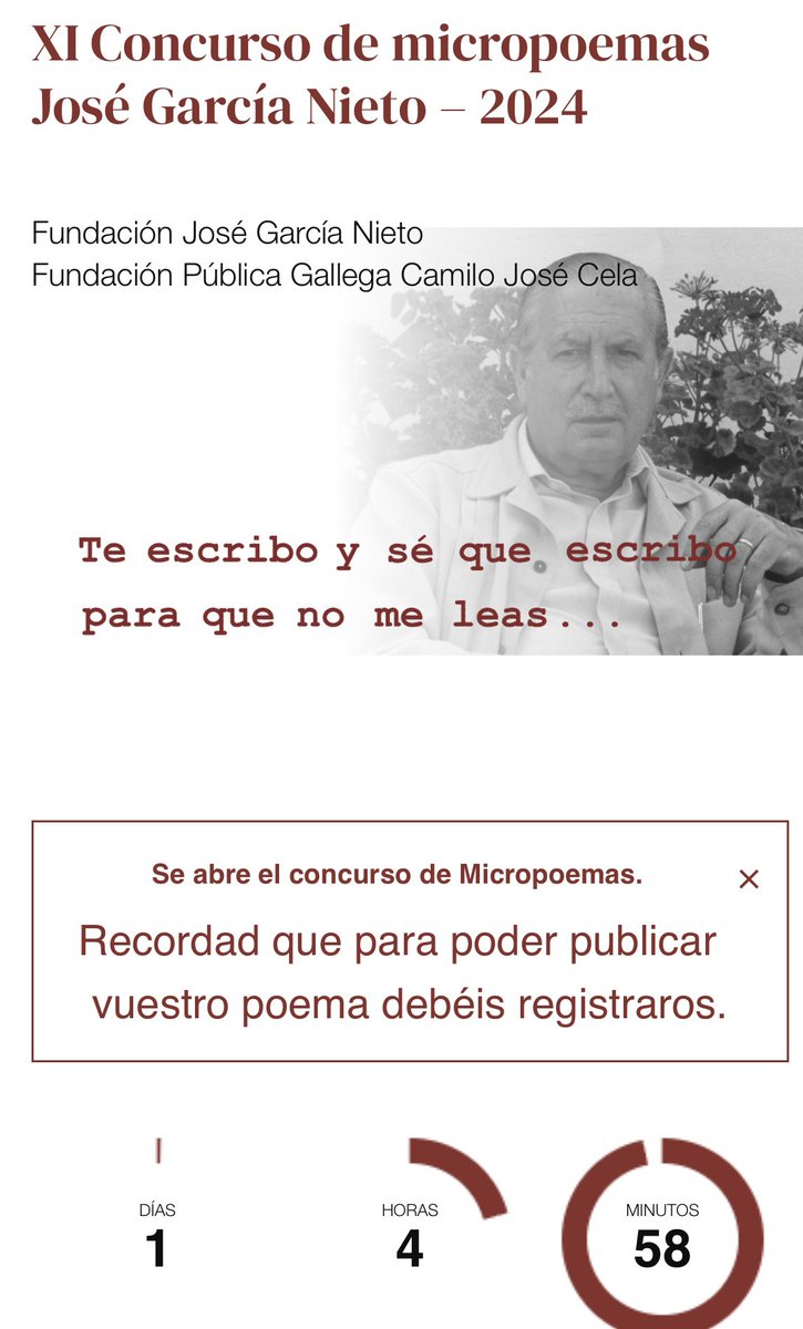 Queda un día para enviar tu micropoema. Te esperamos!

micropoemasfjgn.com

<a href="/FundacionCela/">Fundación Pública Gallega Camilo José Cela</a> <a href="/CDL_Madrid/">Colegio Oficial de Docentes de la C. A. de Madrid</a>