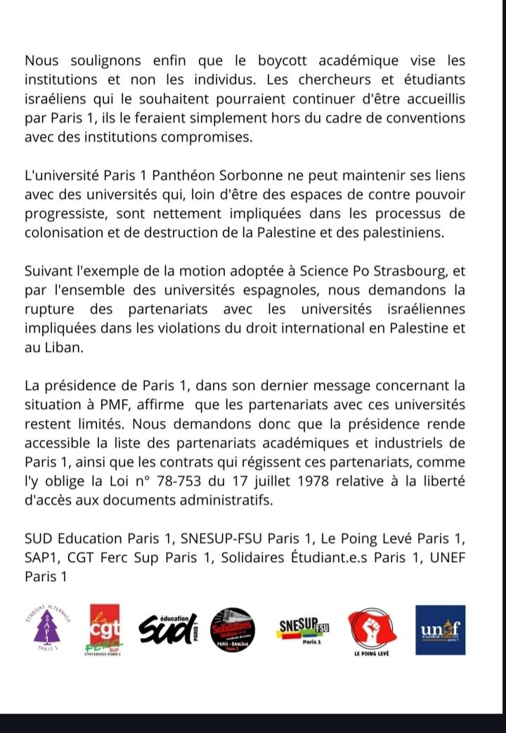 Communiqué intersyndical du 14 novembre 2024 en soutien aux étudiant•es mobilisé•es pour la Palestine et le Liban

Organisations signataires : <a href="/SudEducParis1/">Sud Education Paris 1</a>, Snesup-FSU Paris 1, <a href="/PoingLeveP1/">Le Poing Levé Paris 1</a>, <a href="/SAParis1_/">Syndicat Alternative Paris 1 - SAP1</a>, CGT Ferc sup Paris 1, Solidaires étudiant•es Paris 1, <a href="/Unefparis1/">Unefparis1</a>