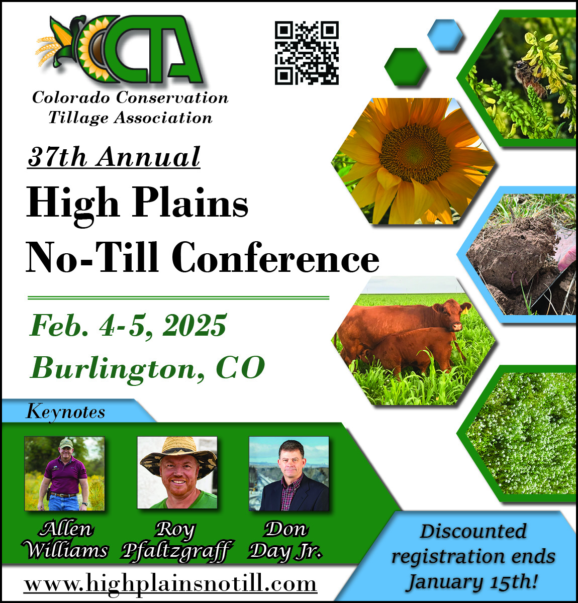 Registration is now open for the 2025 High Plains No-Till Conference featuring Allen Williams, Roy Pfaltzgraff, and Don Day Jr. as keynote speakers!
Save $60 when you sign up early at highplainsnotill.com