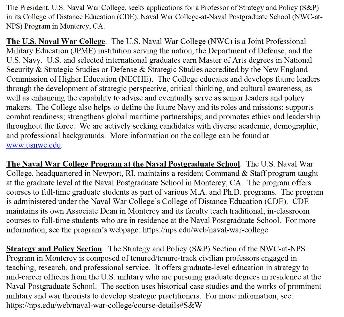 Be my colleague: come teach our Strategy and War course (tenure track, Ph.D. req) at Naval War College at the Naval Postgraduate School in Monterey, CA: usajobs.gov/job/818578500