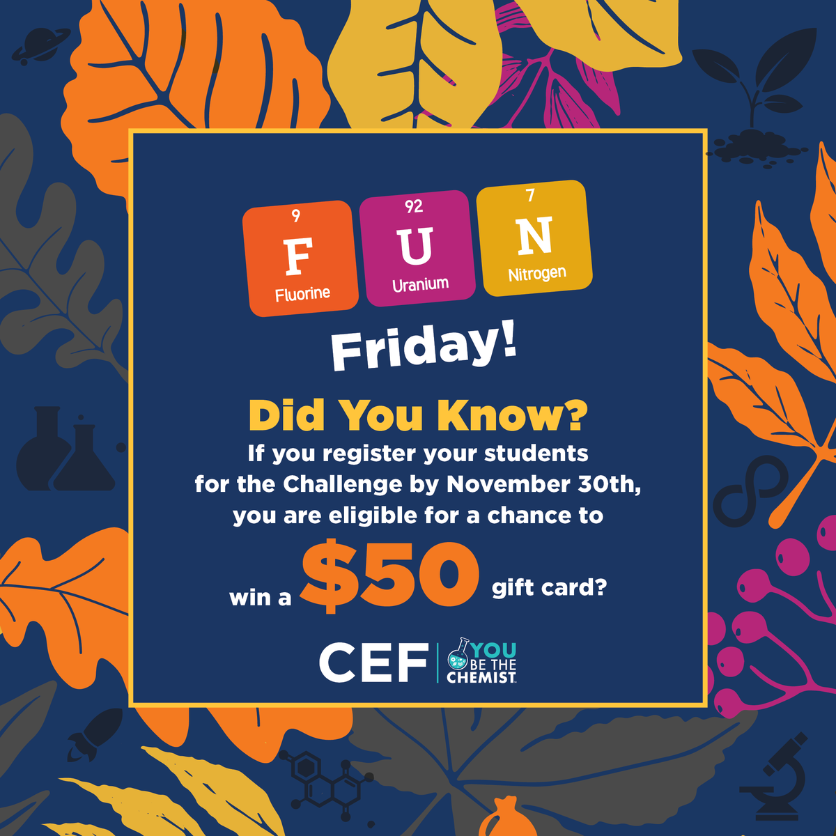 𝐇𝐚𝐩𝐩𝐲 𝐅𝐮𝐧 𝐅𝐫𝐢𝐝𝐚𝐲!

Have you registered your students for The Challenge yet?

Register your students for a 𝐅𝐑𝐄𝐄 and 𝐅𝐔𝐍 STEM experience, while snagging a $𝟓𝟎 𝐠𝐢𝐟𝐭 𝐜𝐚𝐫𝐝 for yourself!

Register: bit.ly/4eryk0U