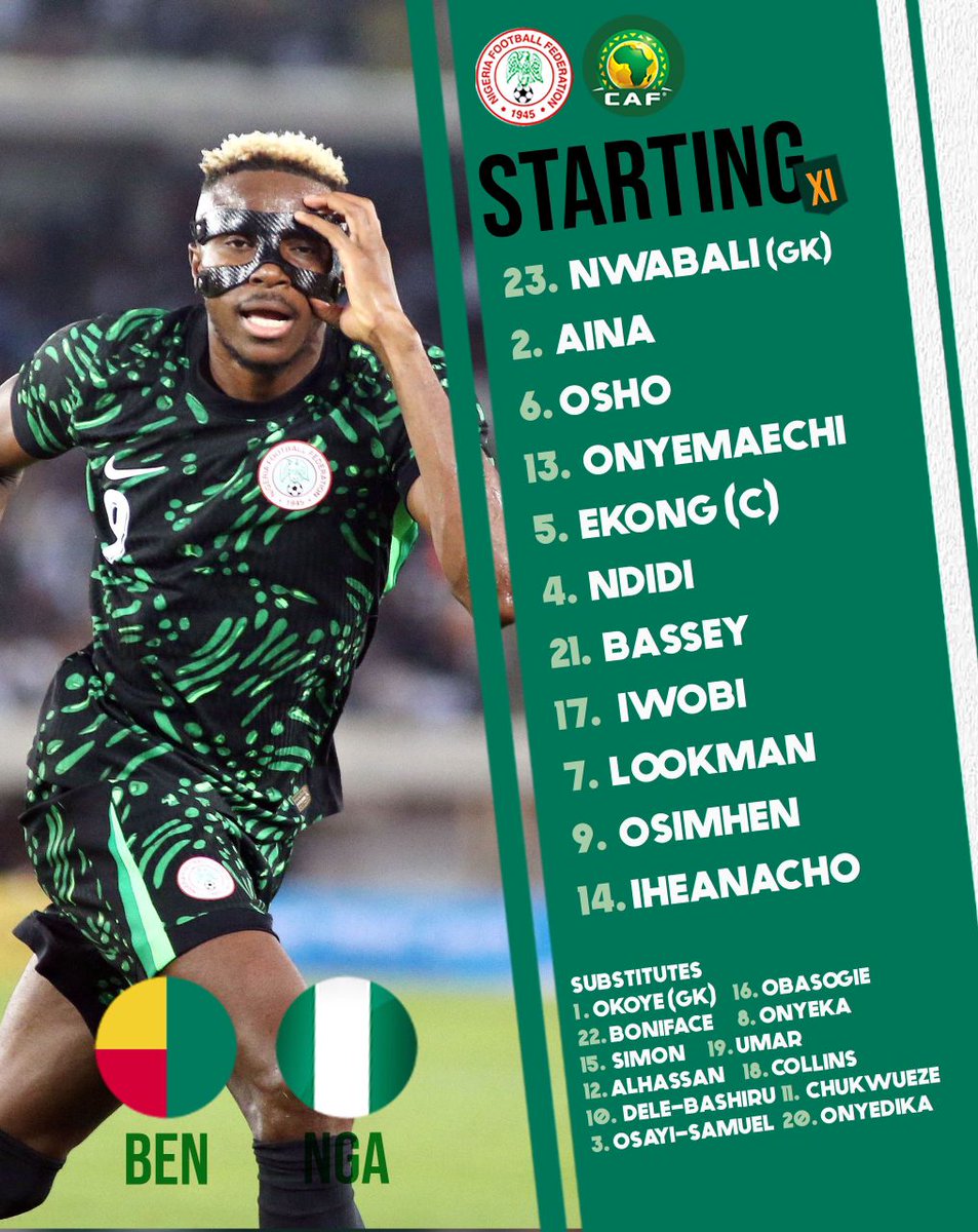 <a href="/eme_victor14/">Victor chukwuemeka collins</a>  makes the Subs As Super Eagles Face up against Benin Republic. 

Nigeria have already booked their place for the 2025 AFCON after Libya 1-0 win over Rwanda.

Kickoff 8pm 

#2025AFCON Qualifiers