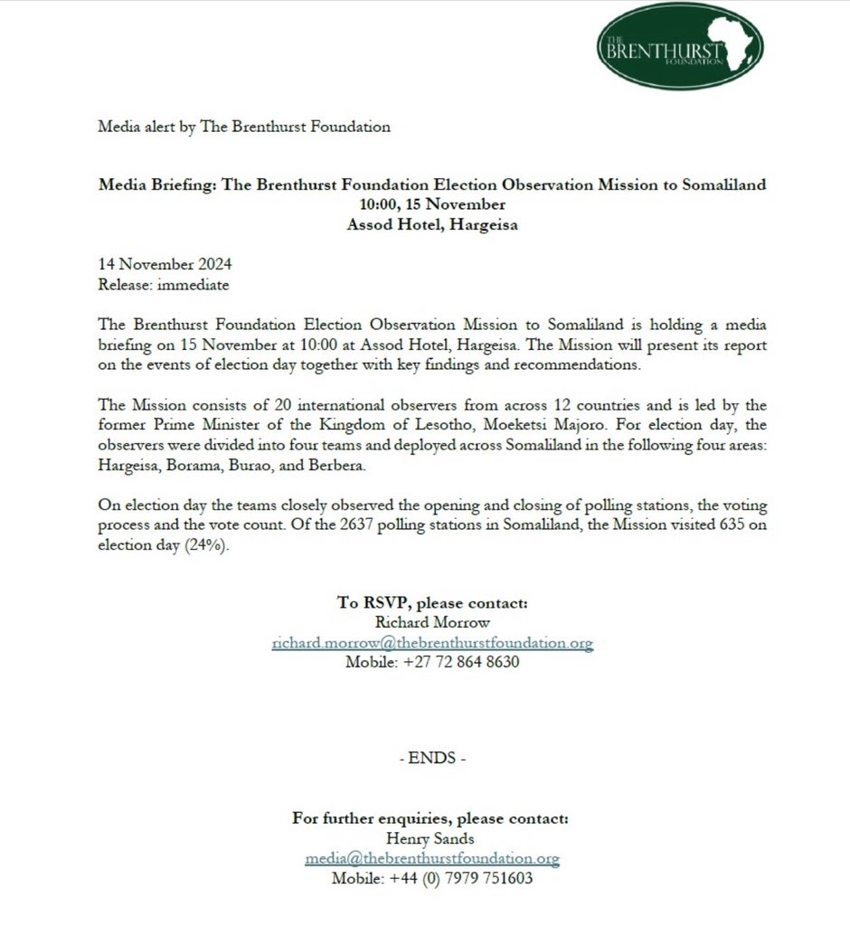 The Brenthurst Foundation Election Observation Mission to #Somaliland released a press statement on the #SomalilandElections.