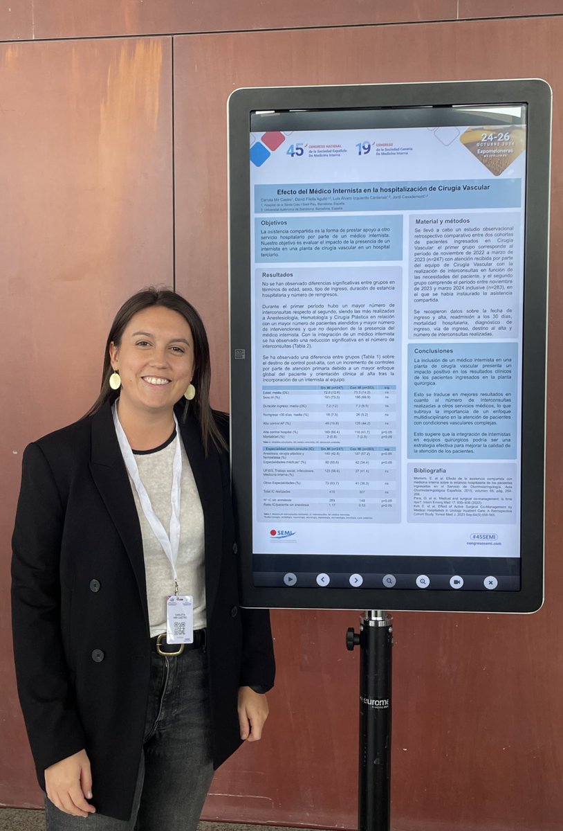 La Carlota Mir, R2 d’<a href="/Interna_SantPau/">Interna Sant Pau</a>, va presentar un pòster sobre l’efecte que té el metge internista a una planta de cirurgia vascular i la importància de l’assistència compartida. #45SEMI