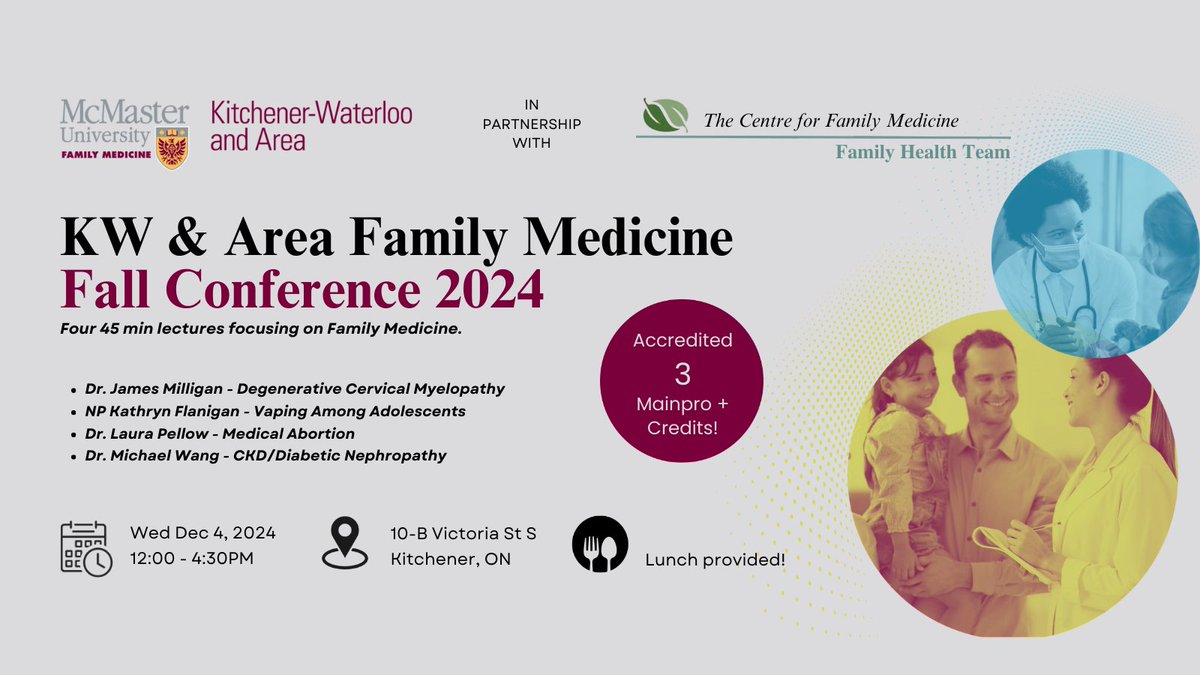 McMaster University - Waterloo Regional Campus (@macmedwrc) on Twitter photo 🗓️Residents, Physicians, Learners and Interprofessional Healthcare Providers are invited to the KW & Area Family Medicine Conference Day. Register by Nov. 27th to sorokl1@mcmaster.ca, *3 Mainpro+ credits, $40 for Community Health Professionals, Free for WRC Residents/Learners 🗓️Residents, Physicians, Learners and Interprofessional Healthcare Providers are invited to the KW & Area Family Medicine Conference Day. Register by Nov. 27th to sorokl1@mcmaster.ca, *3 Mainpro+ credits, $40 for Community Health Professionals, Free for WRC Residents/Learners