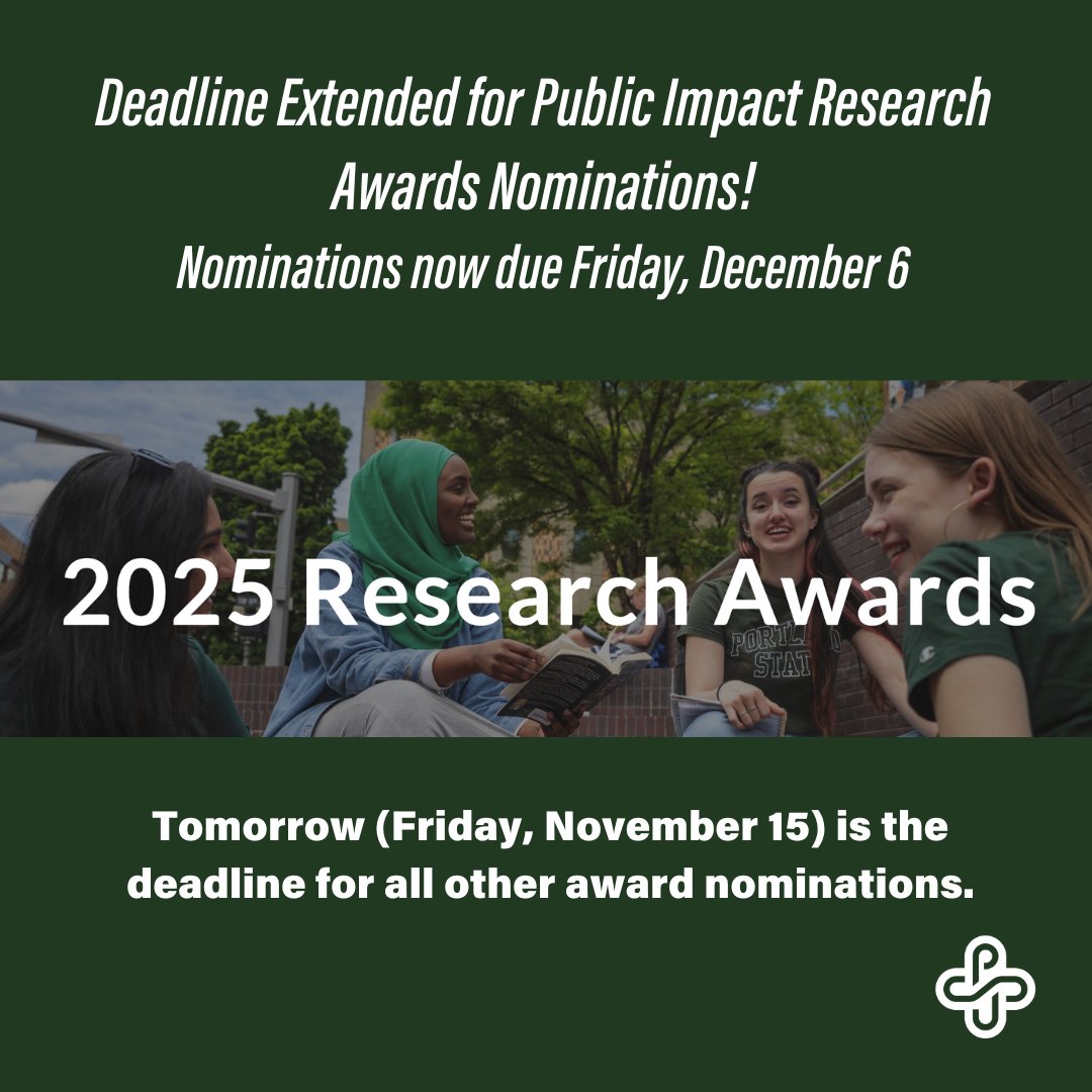 To highlight @portland_state's unique role as an urban research university, we created two new awards: Faculty Award for Public Impact Research &amp; Public Impact Partner Award. 

We've extended the deadline for these 2 awards to Friday, Dec 6. Nominate here: sites.google.com/pdx.edu/portla…