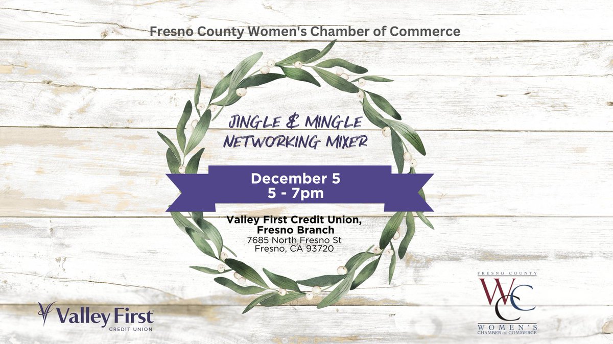 We're thrilled to partner with Fresno County Women's Chamber of Commerce for this mixer. Join us for an evening of networking, refreshments, and a chance to win some fabulous prizes. Reserve your spot by 12/3! fcwcc.org/event-5941748 #ValleyFirstCreditUnion #FCWCC