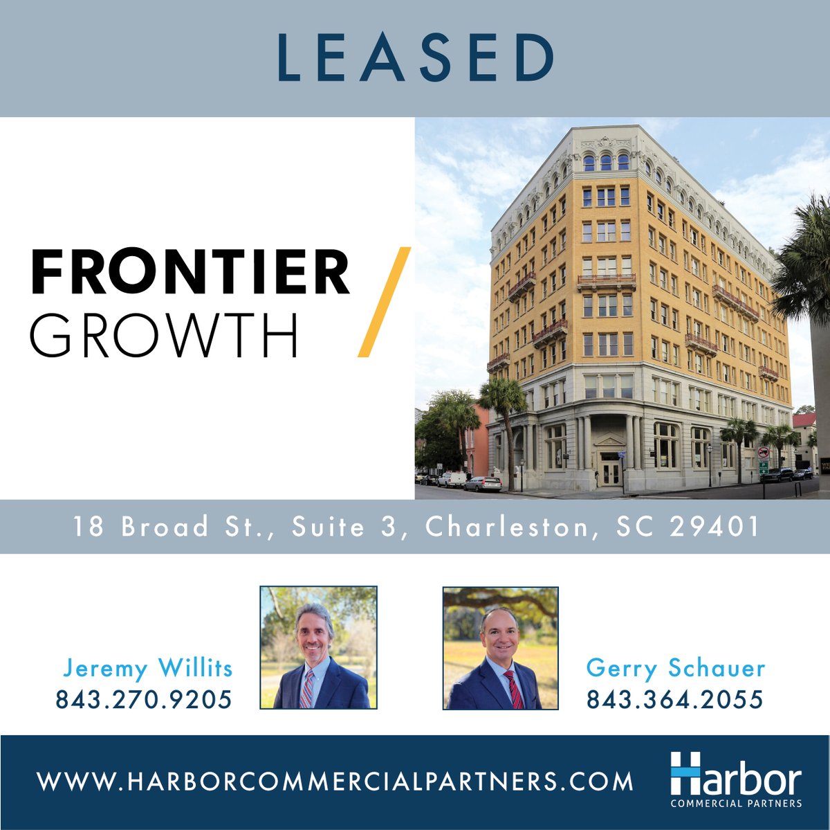 PartnersHarbor's tweet photo. Broad Street Office Leased!  Jeremy Willits and Gerry Schauer represented the Landlord in an office lease at 18 Broad Street, Suite 3 in downtown Charleston. The new Tenant is Frontier Growth, a software private equity firm.  We are here for all of your commercial leasing needs! https://t.co/t3xVhs0zDT