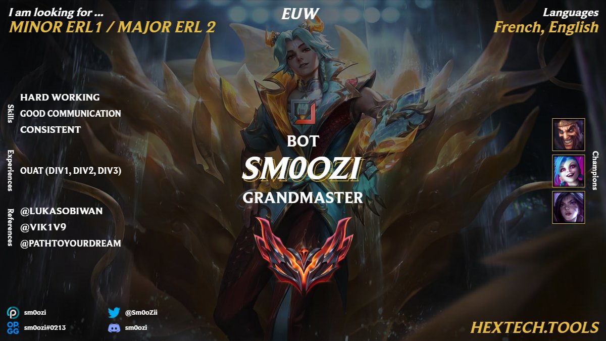 Hi! After a split in ESLOL with <a href="/ouat_lol/">Once Upon A Team</a> I'm LFT for spring.

ref:
<a href="/lukasobiwan/">OUAT Lukasobiwan</a>
@Vik1v9
<a href="/pathtoyourdream/">Path</a> 

I consider all the offers.
DM on discord are open !
❤️ &amp;🔁