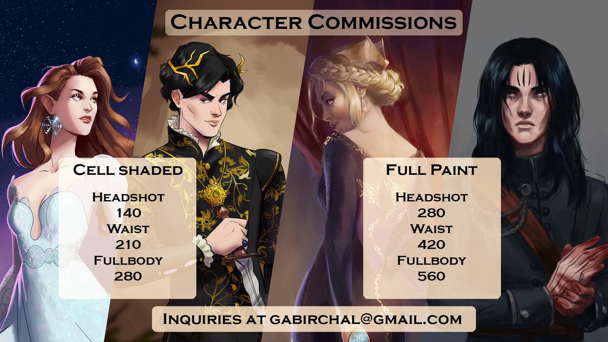 Hello friends, I'm open for character commissions. Here's the general price range and some examples, but for scenes and more complex illustrations, feel free to email me at gabirchal@gmail.com