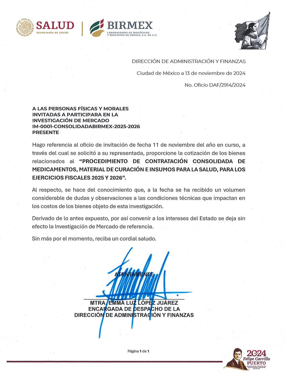 Birmex canceló la investigación de mercado para la compra de medicamentos de 2025 y 2026

Esto es grave, la investigación permite obtener mejores precios, calidad y elegir a los mejores proveedores

El gobierno seleccionará precios arbitrarios y a proveedores no acreditados