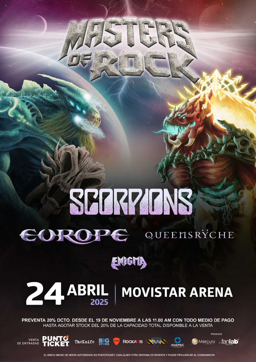 queensryche's tweet image. 📢 NEW DATE ANNOUNCEMENT!!  April 24, 2025 at the Movistar Arena for "Masters Of Rock" in Santiago, Chile!!
Pre-sale- November 19 @ 11am local Santiago time
General on-sale- November 21 @ 11am local Santiago time
Tickets: puntoticket.com/masters-of-rock 
#NewDate #mastersofrock #Santiago