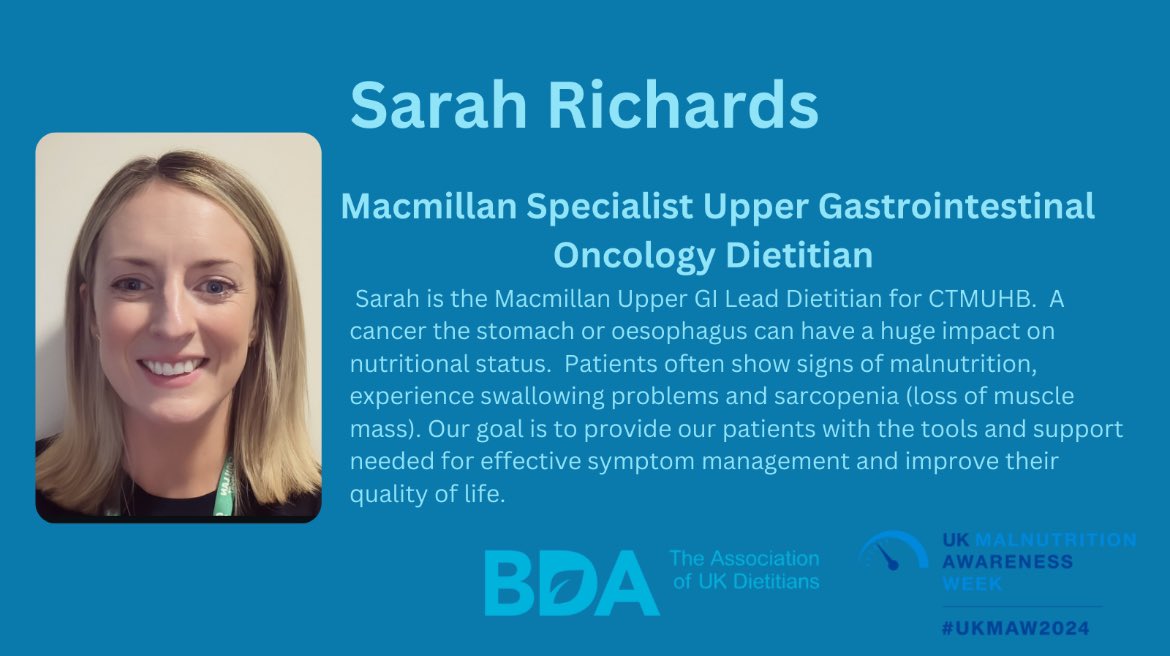 Cwm Taf Morgannwg Dietetics (@ctmuhbdietetics) on Twitter photo We would like to introduce another member of the Dietetic Team today. Sarah is our Upper GI Oncology Dietitian. Many patients with an Upper GI Cancer will show signs of Malnutrition <a href="/SRichardsRD/">Sarah Richards (RD)</a> #UKMAW2024 We would like to introduce another member of the Dietetic Team today. Sarah is our Upper GI Oncology Dietitian. Many patients with an Upper GI Cancer will show signs of Malnutrition <a href="/SRichardsRD/">Sarah Richards (RD)</a> #UKMAW2024