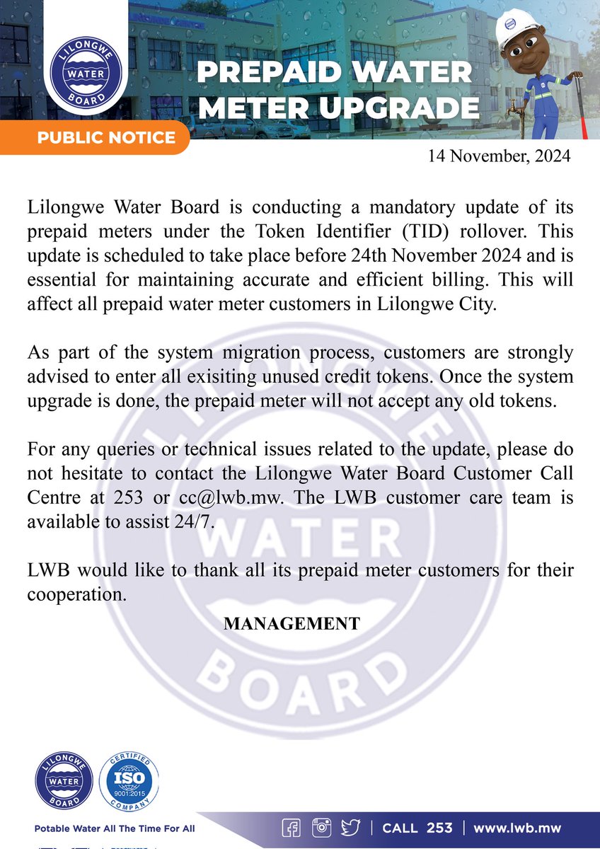 llwaterboard's tweet photo. Madzi Notice
#Call253 https://t.co/u7r8lXw7ui