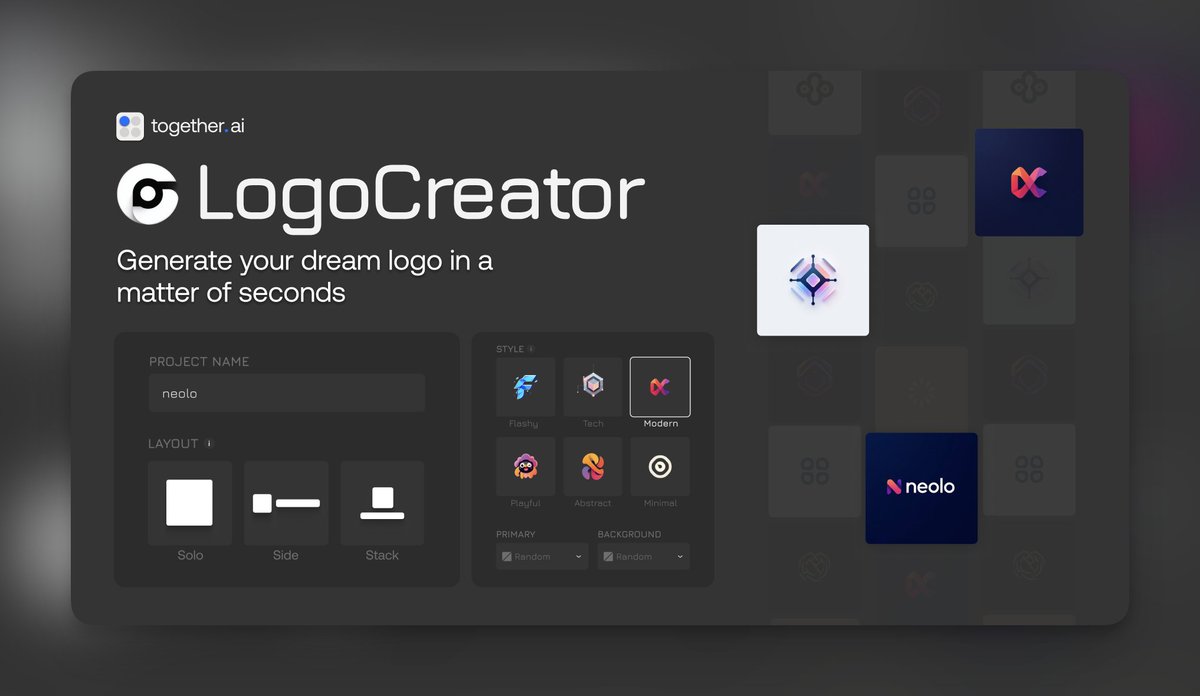 nutlope's tweet image. - Link to the app: logo-creator.io
- Link to the repo: github.com/Nutlope/logocr…

The app is rate limited to 3 logos per user (since this model is expensive), then you can put in your Together API key for more logo generations.

Designed by the talented @YoussefUiUx!