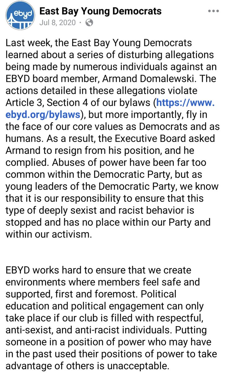 AsVacation's tweet image. Not sure why YIMBYs are so infatuated with this guy but for posterity here's his expulsion for sexual harassment and racism from East Bay Young Democrats.