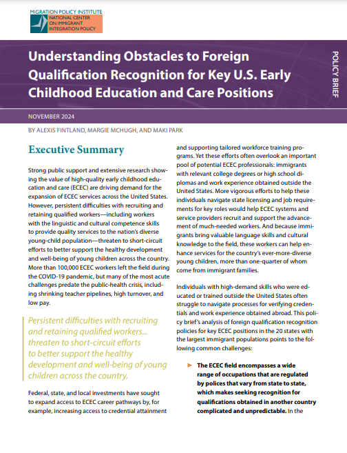 In the U.S.🇺🇸 immigrants who want to enter or advance in the early childhood education &amp; care (ECEC) workforce face obstacles to having their foreign qualifications recognized.

Our NEW brief analyzes the barriers &amp; innovative efforts to surmount them to help fill acute ECEC
