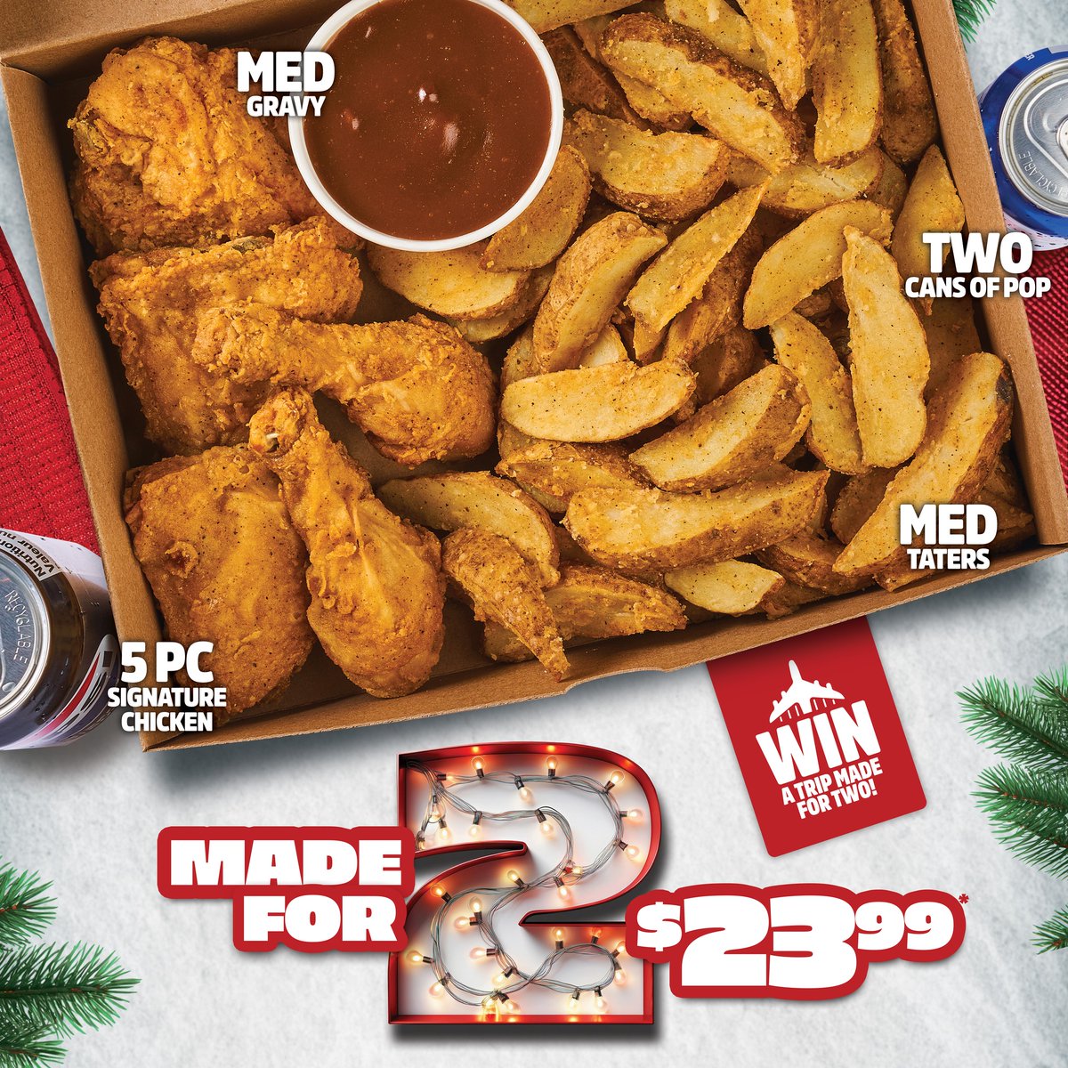MaryBrowns's tweet photo. INTRODUCING our new Made for 2 Meal! 🎄🍗 Share 5 pieces of Signature Chicken, Taters, Gravy, &amp; 2 Cans of Pop for just $23.99 + tax. Available in-store and on the MB app. Plus, enter our holiday contest for a chance to win a $2,500 trip voucher! ✈️ Details on website!
#MadeForTwo https://t.co/UBfJkl178Q