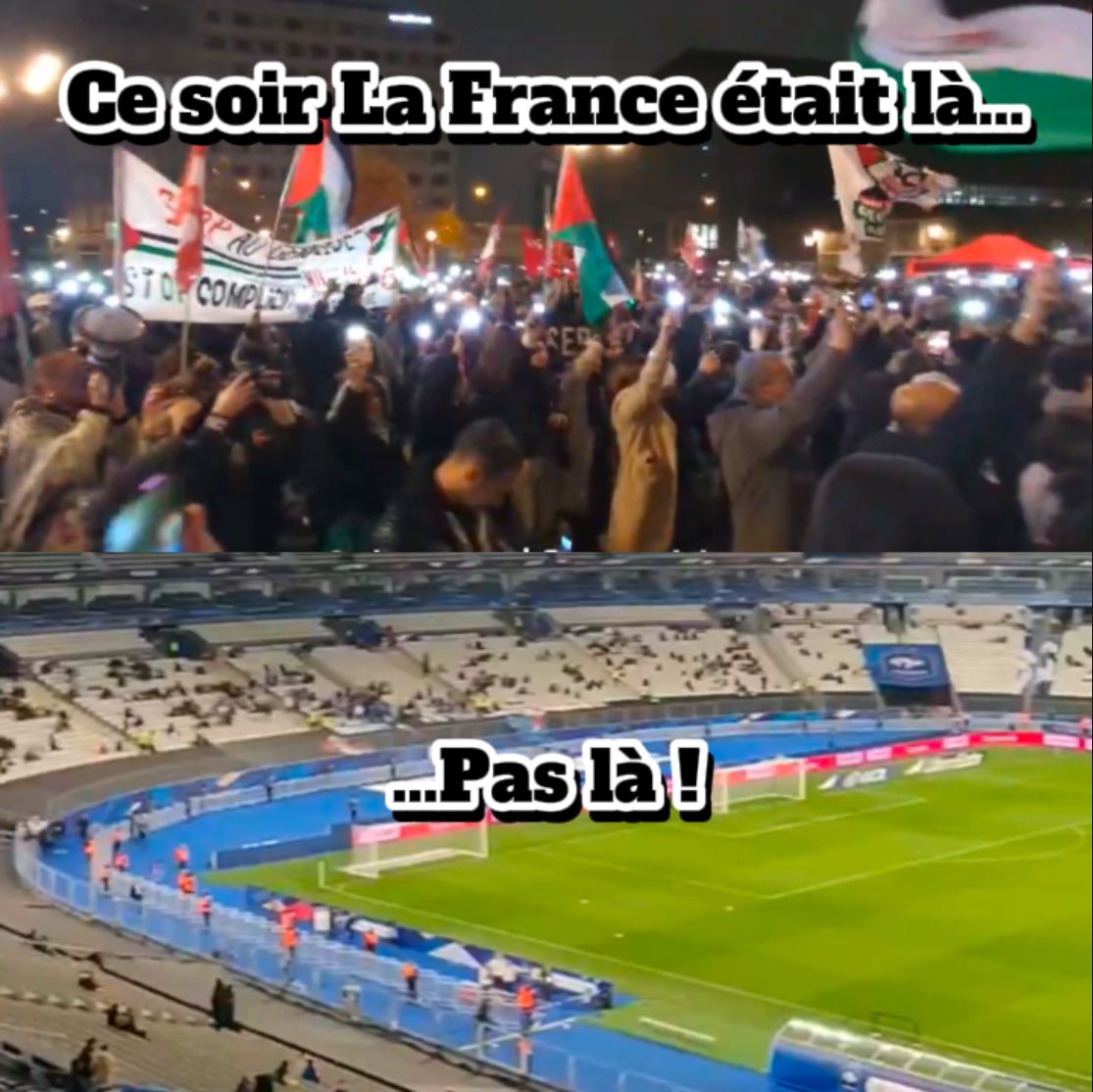 Ce soir ce qu’il faut retenir, c’est ça !

Demain les médias vous expliqueront que les français ont boudé le match par crainte des débordements. Non, le peuple de France ne veut tout simplement pas cautionner un génocide comme ses gouvernants.

#FRAISR #FranceIsraël