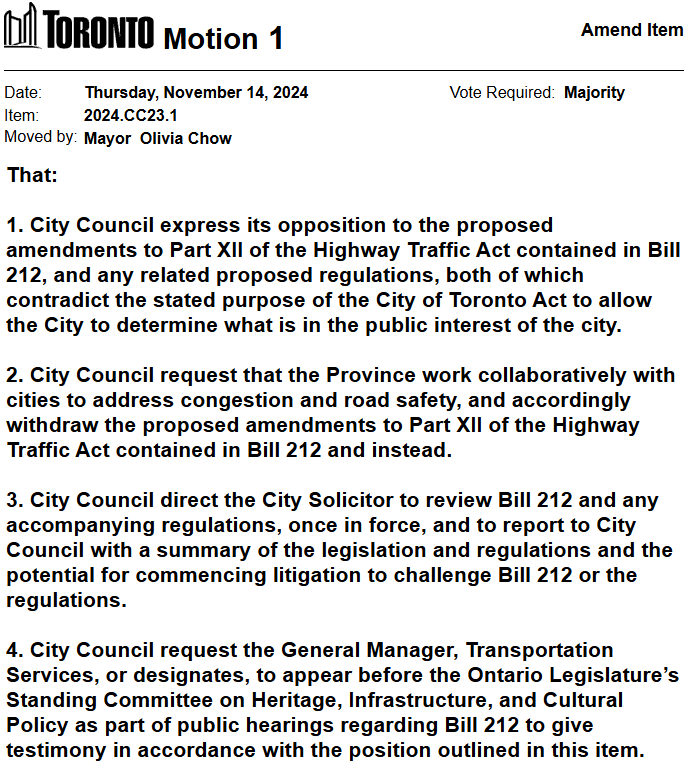 GraphicMatt's tweet photo. Here's Chow's full motion. It also says Council should take the position that no costs stemming from the provincial legislation should be paid by the City of Toronto. https://t.co/JMLUvg5L26