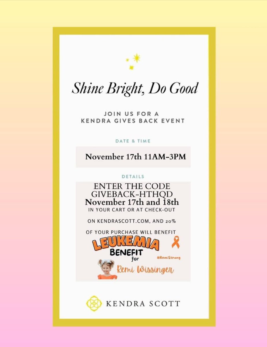 Get your Christmas shopping done early while helping my little cousin who is fighting leukemia. 
Use code: GIVEBACK-HTHQD
Get 20% off and make a difference 
<a href="/KendraScott/">kendrascott</a>