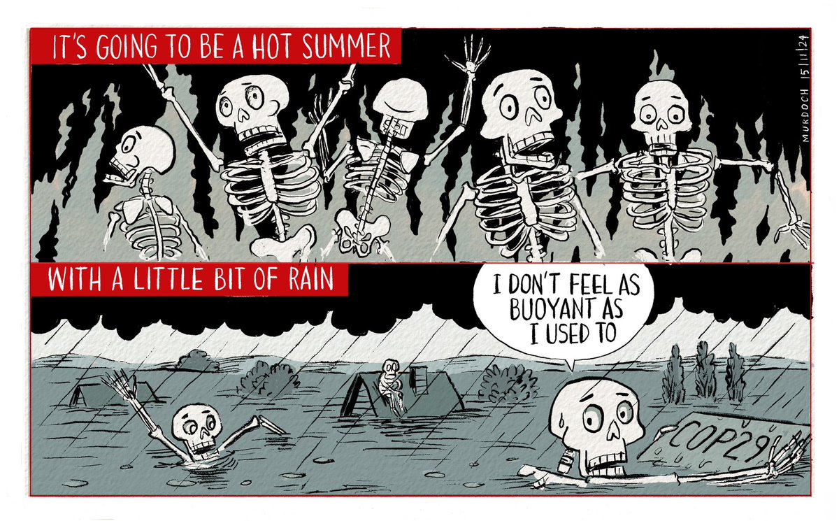 It’s like The Dance of Death, this pretence among the money-makers and world-shapers that nothing is happening to our planet. 
My #cartoon today #COP29 #ClimateCrisis #NZpol #Floods
 #fires #FossilFuels