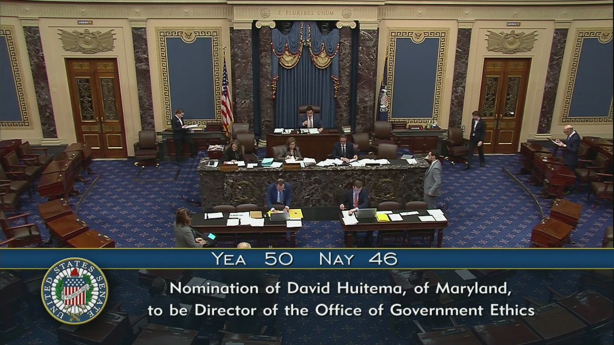 50-46: Senate along party lines confirmed President Biden’s nomination of David Huitema to be director of the federal office of government ethics (USOGE) for a 5-year term, spanning the upcoming Trump-Vance Administration.
