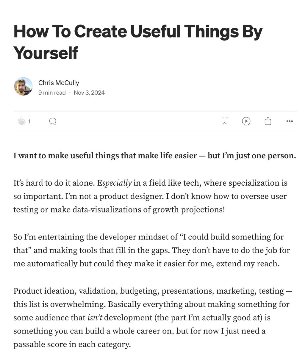 I couldn't sleep and basically rewrote this entire article, so here's the Medium link while I wait for the RSS feed to update

I talk about product design as a solo developer and how I've built tools to help me through the process (and no, it's not AI 😌)

tinyurl.com/yc7fhrdd