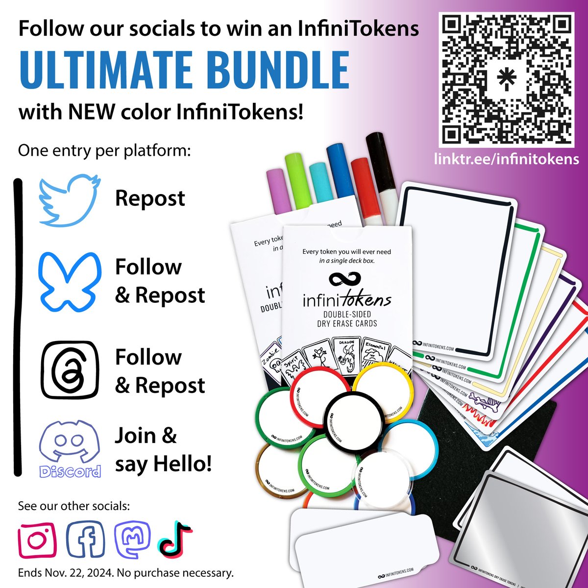 Want to win an InfiniTokens ULTIMATE BUNDLE with new COLOR InfiniTokens? Follow us on our other socials to enter!

Each is an entry:
➡️ Repost this
➡️ Follow and repost on 🦋
➡️ Follow and repost on 🧵
➡️ Join the Discord and say hello!

Ends Nov. 22. Easy Linktree below. ⬇️