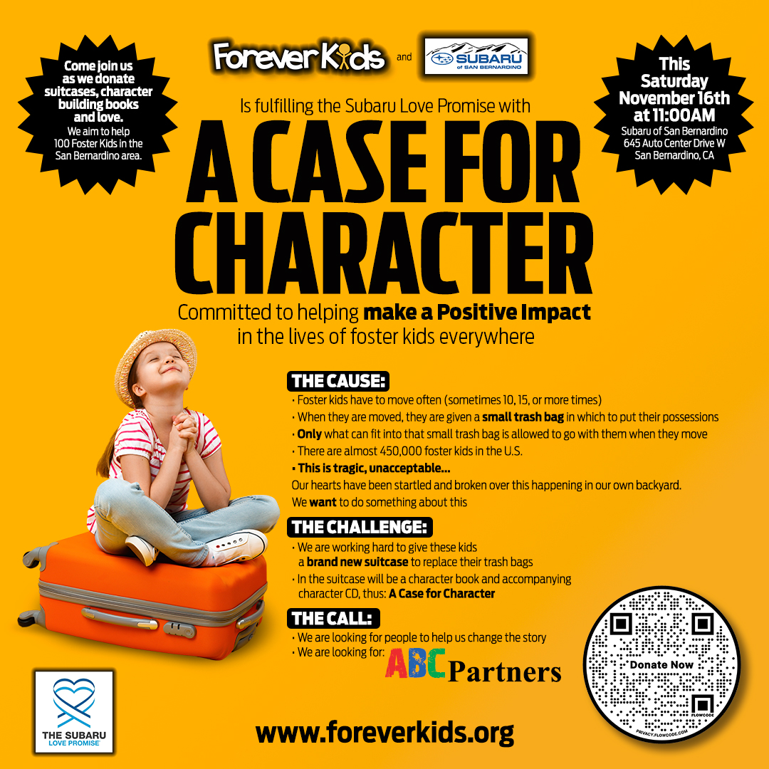 This Saturday at <a href="/SubaruSB/">Subaru SanBernardino</a> at 11am, join <a href="/JeffPopeRadio/">Jeff Pope</a> &amp; the Hot Squad as they help <a href="/ForeverKidsOrg/">Forever Kids</a> stuff suitcase for foster children in the Inland Empire.  For more info, go to ForeverKids.Org.
#CaseForCharacter #ForeverKids #HOT039 #subaruofsanbernardino