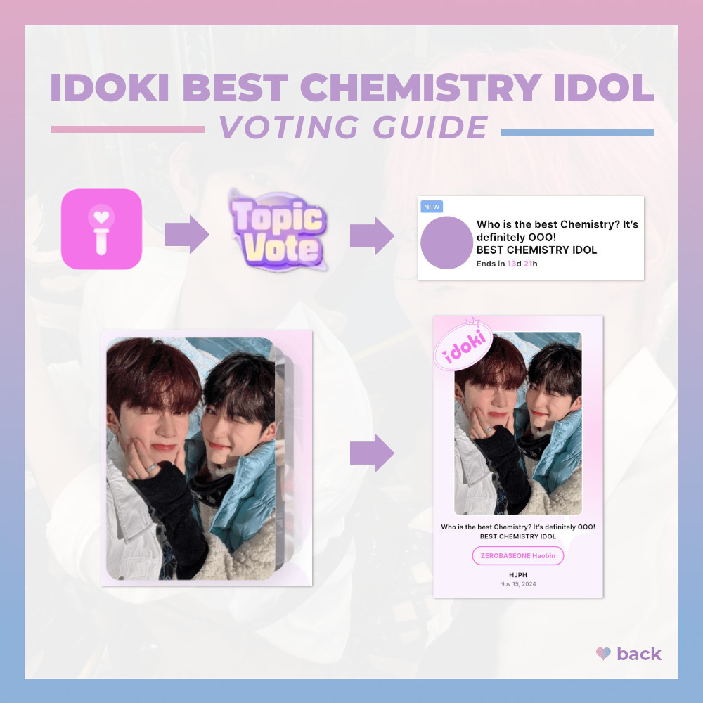 🗳 | IDOKI BEST CHEMISTRY IDOL

The voting has officially opened! 

Here is the step-by-step guide that would help you navigate the app in order to cast your vote for #HAOBIN! We encourage everyone to join! 🩷🩵

🎯 1st place
🗓 11/15 - 11/28
🎁 Special cafe event at Hongdae &amp;