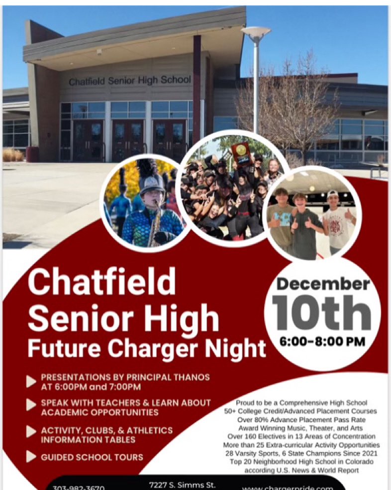 ChatfieldFootball (@chatfieldftball) on Twitter photo Join us and the rest of the <a href="/chatfieldsenior/">ChatfieldSeniorHigh</a> community and see what makes this place special!
Talk with students, teachers, and representatives from the wide variety of clubs and sports that makes up our community!
#wearechatfield #chargernation #chargerstrong #chargerpride π Join us and the rest of the <a href="/chatfieldsenior/">ChatfieldSeniorHigh</a> community and see what makes this place special!
Talk with students, teachers, and representatives from the wide variety of clubs and sports that makes up our community!
#wearechatfield #chargernation #chargerstrong #chargerpride π