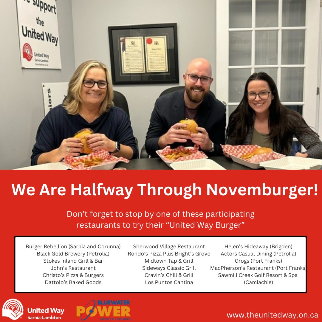 United Way staff enjoy the Aged Cheddar BLT Novemburger from Sideways Classic Grill!

Thank you to all the participating restaurants for taking part in our first annual Novemburger and Bluewater Power, the title sponsor of the inaugural event.  

#UnitedWaySarLam #SarniaNibbles