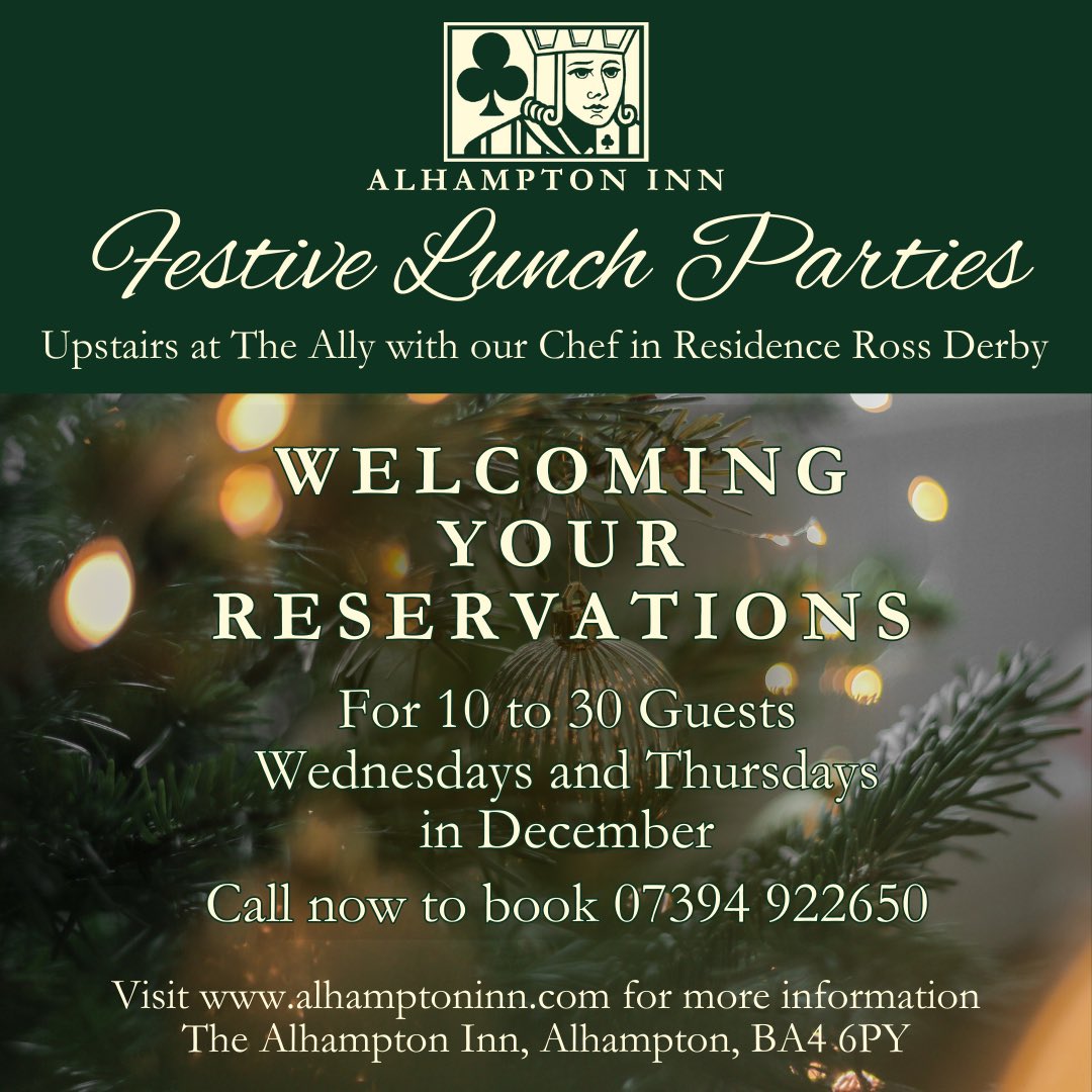 The Ally is offering wonderful Festive Lunch Parties. Book now (07394 922650) to avoid disappointment. To see our Chef in Residence Ross Derby’s menu and for more details visit our website www.alhamptoninn
#wincanton #Bruton #CastleCary #Shepton #Glastonbury #Evercreech