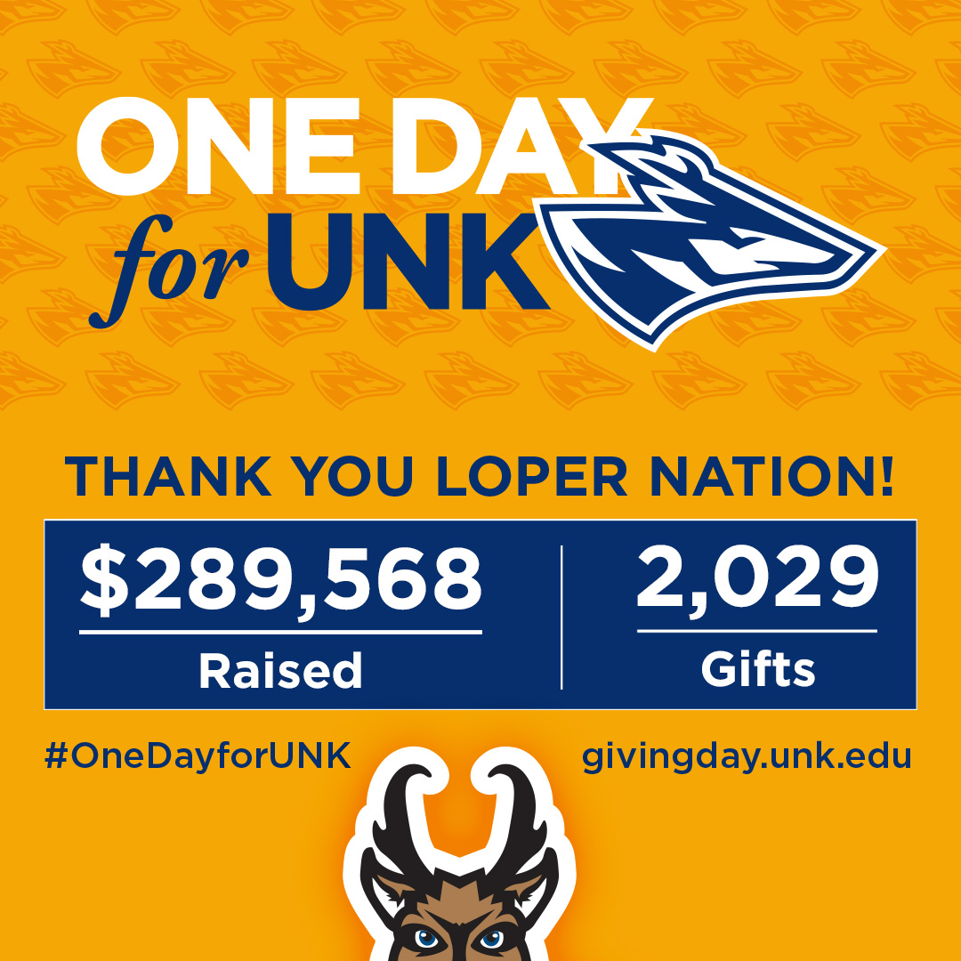 We came into #OneDayforUNK 2024 with some lofty goals and with the #PowerOfTheHerd we surpassed all of them while also crushing our all time @unkearney Giving Day records! On behalf of UNK students, faculty and staff we say THANK YOU!