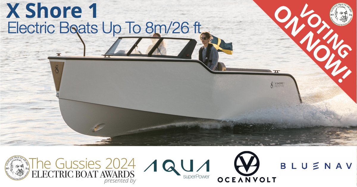 Plugboats's tweet photo. PUBLIC VOTING ON NOW for the 5th annual #Gussies #ElectricBoatAwards presented by #Aquasuperpower, #BlueNav and @Oceanvolt_Ltd In #ElectricBoats Under 8m/26ft, the X Shore 1 by@XShoreSweden. Check it out &amp; VOTE for your fave #electricboats in 9 categories https://t.co/seYxGiCPib https://t.co/UbGJmVu2jP