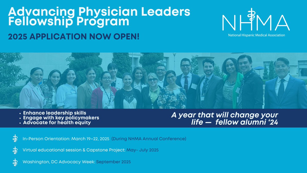 The National Hispanic Medical Association's 12-month fellowship program is now accepting applications!  
Apply by Friday, December 6, 2024, 11:59 PM EST. Learn more and apply: nhmaphysicianleaders.org/about
#NHMA #HealthEquity #PhysicianLeaders #NHMAFellowship
