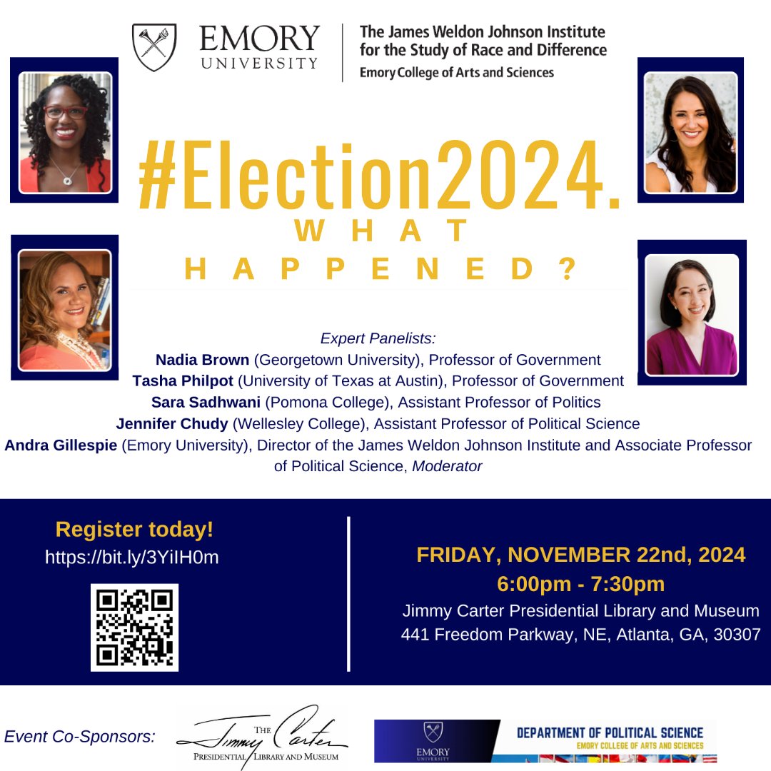 Jimmy Carter Presidential Library (@carterlibrary) on Twitter photo Join us Nov 22nd from 6:00 - 7:30PM for a discussion of #Election2024. What Happened?
Nada Brown from <a href="/Georgetown/">Georgetown University</a>, Tasha Philpot from the <a href="/UTAustin/">UT Austin</a>, Sara Sadhwani from <a href="/pomonacollege/">Pomona College</a>, Jennifer Chudy from <a href="/Wellesley/">Wellesley College</a>, and Andra Gillespie from <a href="/EmoryUniversity/">Emory University</a> will be our panelists. Join us Nov 22nd from 6:00 - 7:30PM for a discussion of #Election2024. What Happened?
Nada Brown from <a href="/Georgetown/">Georgetown University</a>, Tasha Philpot from the <a href="/UTAustin/">UT Austin</a>, Sara Sadhwani from <a href="/pomonacollege/">Pomona College</a>, Jennifer Chudy from <a href="/Wellesley/">Wellesley College</a>, and Andra Gillespie from <a href="/EmoryUniversity/">Emory University</a> will be our panelists.