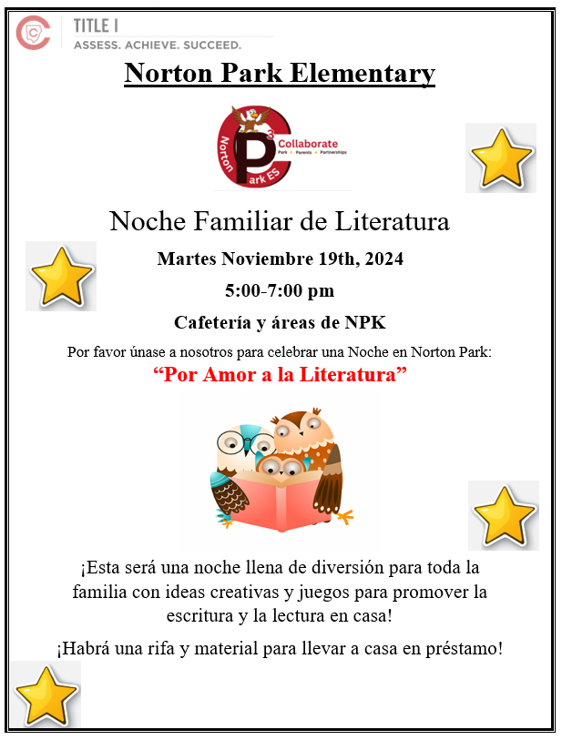 NPKEagles's tweet photo. Parents, mark your calendars! 📚 Norton Park Elementary's Literacy Night is coming up this Tuesday, November 19th, from 5-7 p.m. Join us for a fun evening celebrating reading and learning with the whole family! #LiteracyNight #NortonParkReads #FamilyFun https://t.co/ei6ph4CwJI