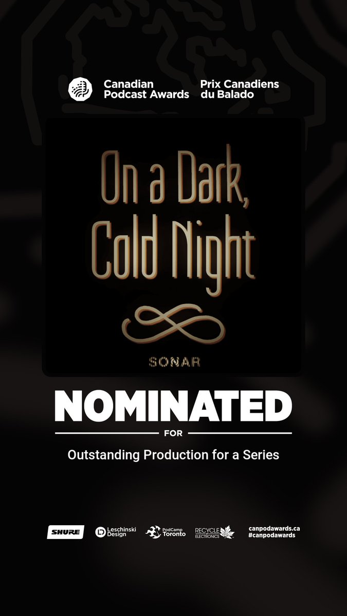 So grateful to be nominated for Outstanding Production for a Series in this year's <a href="/CanPodAwards/">The Canadian Podcast Awards</a>! Thank you so much, and congratulations to all the nominees!