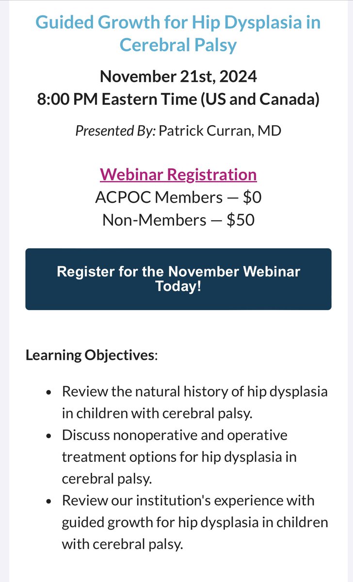 We are excited to announce <a href="/RadyDocs/">RadyDocs</a> Dr Pat Curran will be talking about Hip dysplasia in #cerebralpalsy for the #ACPOC webinar series next week. Free for ACPOC members, $50 For others. 
Register here:
acpoc.wildapricot.org/event-5942084