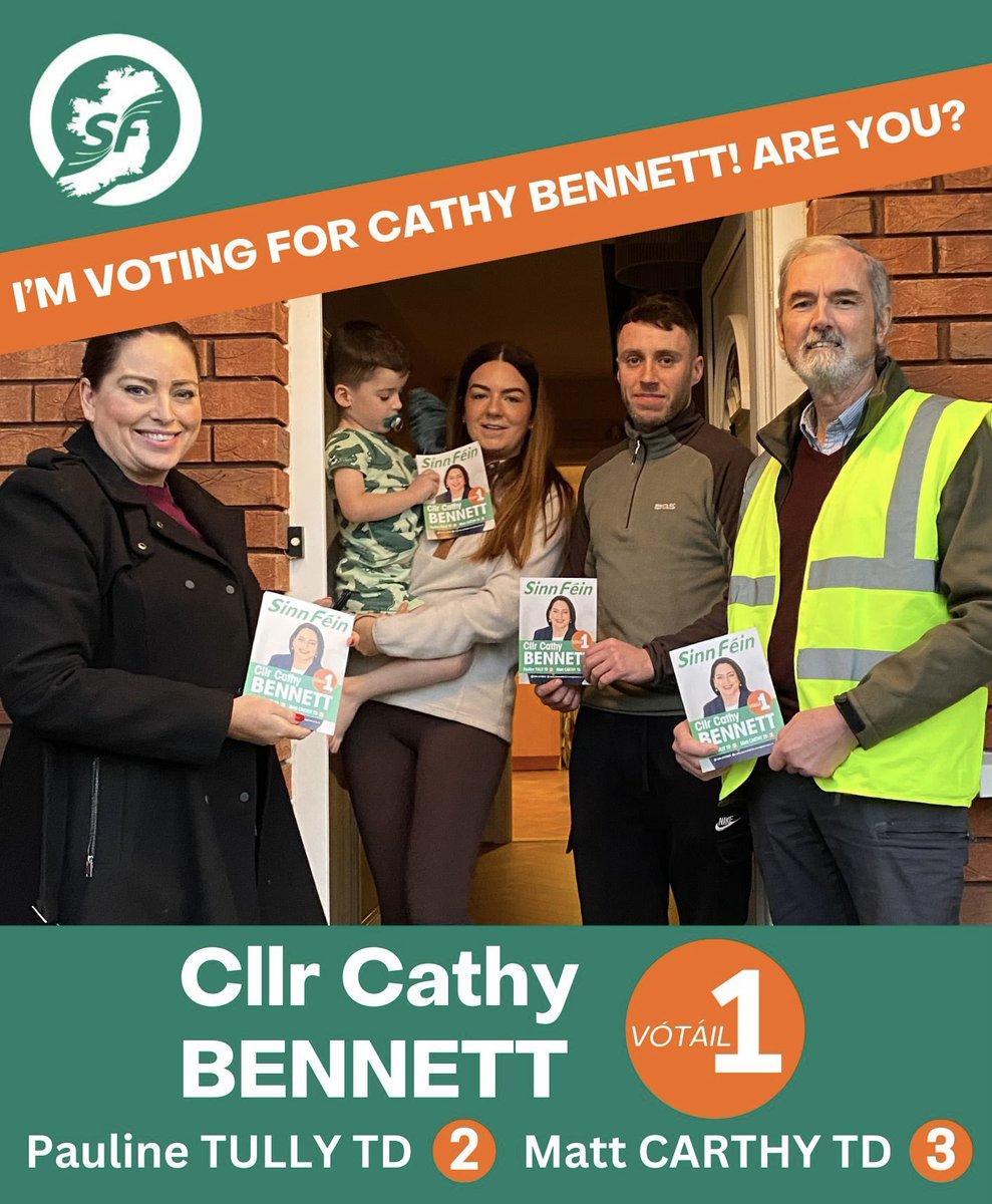 cllrcathyb's tweet photo. The only way to get a change of Government is to vote for Sinn Fein.

Vote to change the government. Vote Sinn Féin.

On November 29th vote to change the Government. Cathy Bennett 1, Pauline Tully 2 &amp; Matt Carthy 3. Vótáil Sinn Féin

#SinnFein #VoteForChange #GE24 https://t.co/Ec6CAtJBCT