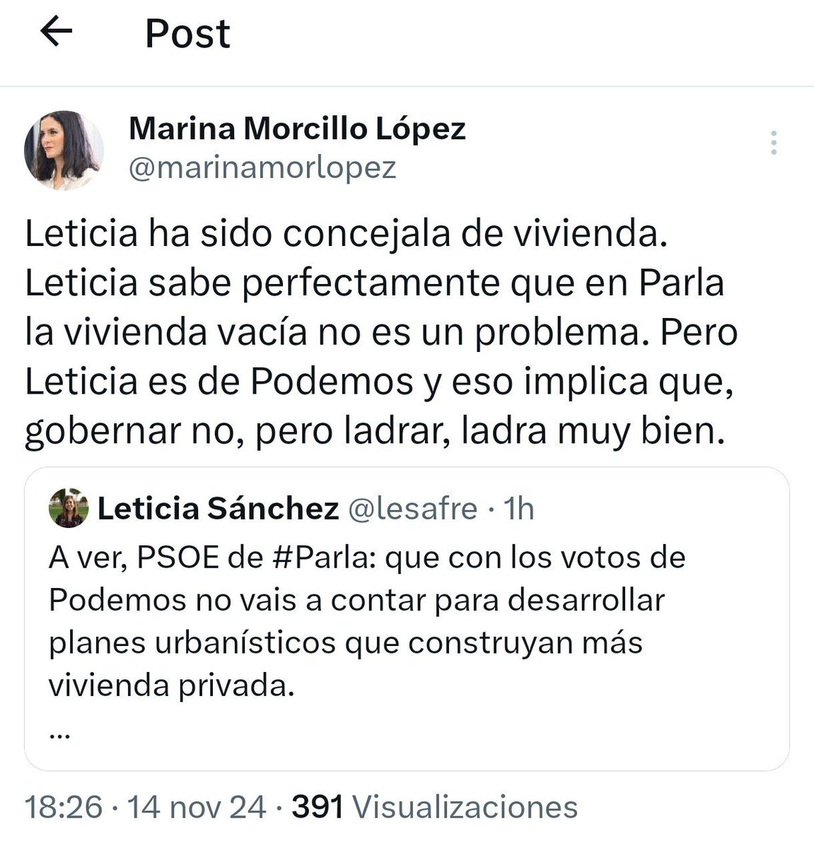 lesafre's tweet image. He defendido que en #Parla no hace falta construir más vivienda privada sino movilizar vivienda vacía y ampliar el parque público.
Imagen 1: Lo que dice el @InquilinatoMSur.
Imagen 2: Lo que dice la actual concejala de vivienda, del PSOE (sobradas incluidas). 

0 sorpresas.