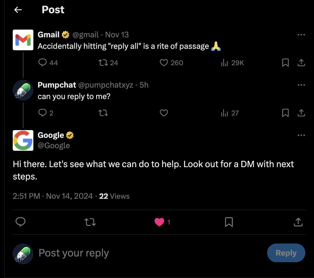 pumpchatxyz's tweet photo. @Google  just replied to us. Guess its time to drop a CA? https://t.co/ezF09y3yGn