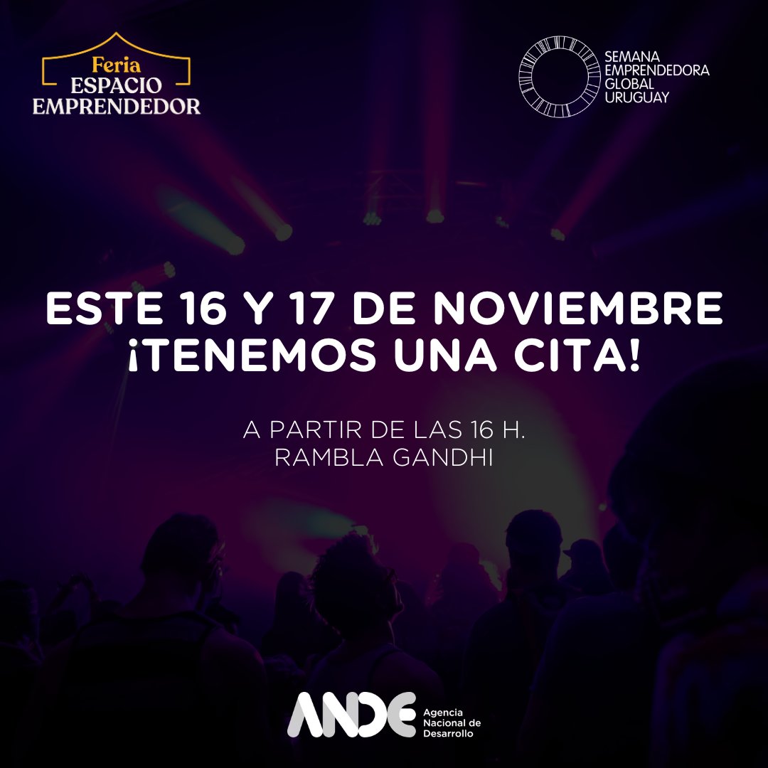 ANDEUruguay's tweet photo. ¡Quedan 2 días para encontrarnos! 😎

👉🏻 80 emprendimientos de todo el país
🤘🏻 Espectáculos
🫶🏻 Actividades infantiles
👌🏻 Patio gastronómico
☝🏻 ¡Y más!

Te esperamos en Rambla Gandhi, entre Joaquín Núñez y Solano García, a partir de las 16 h.😉

Conocé más: https://t.co/3NDP82a9Z9 https://t.co/xtDYl4WzSN