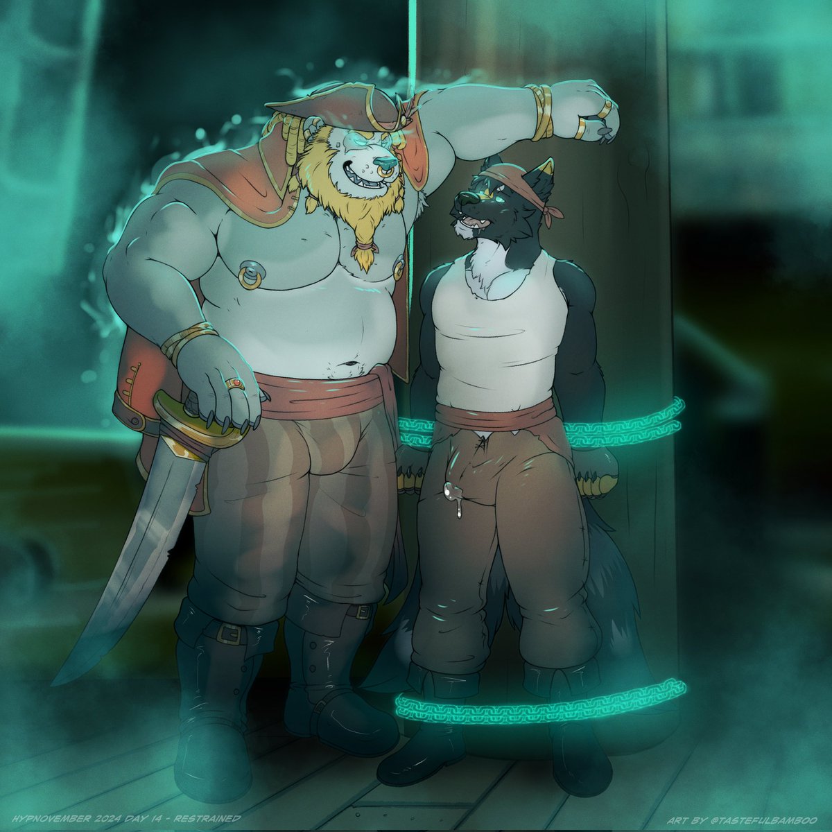 tastefulbamboo's tweet photo. "Yee puttin' up quite a fight, cabin boy. I got just what yee need.

Yer gonna love being part o' Goldbeard's crew hehe..." 

#hypnovember day 14 -  Restrained feat. @Unomomentohybrid and possessed pirate!Aki (or 'Goldbeard' as He's been named~)

Alt over on blusky! https://t.co/UvmAvfnYiW