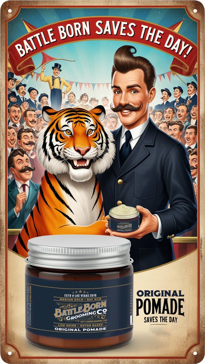 Ladies and gentlemen, prepare to be amazed! 🎪 Our stylish tiger showcases a stunning mane that shines brighter than the circus lights! Thanks to Battle Born Grooming Co’s Original Pomade. #battlebornpomade  #Pomade #hairpomade #battleborngrooming
