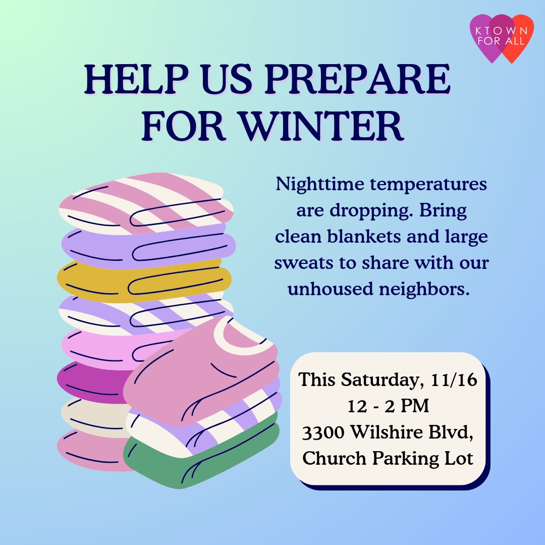 KtownforAll's tweet image. PLEASE SHARE:
Los Angeles - it's getting cold at night. Each year more unhoused people die of hypothermia in LA than NY and SF combined. Please help us save lives by donating CLEAN blankets to our blanket drive THIS SATURDAY 11/16. 💜❤️